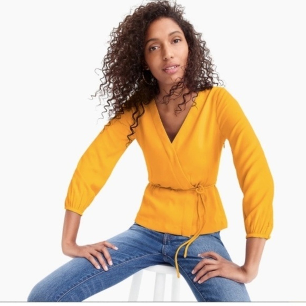 J. Crew mustard drapey crepe faux wrap blouse Sz 0